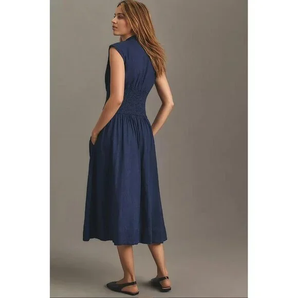 ANTHROPOLOGIE Women's The Tommie Cap-Sleeve Smocked Front-Zip Shirt Dress Size M - Picture 2 of 8